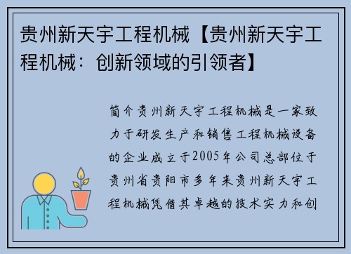 贵州新天宇工程机械【贵州新天宇工程机械：创新领域的引领者】